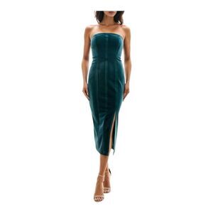 Socialite Women Strapless Deep Teal Green Velvet Side Slit Midi Dress Size Small